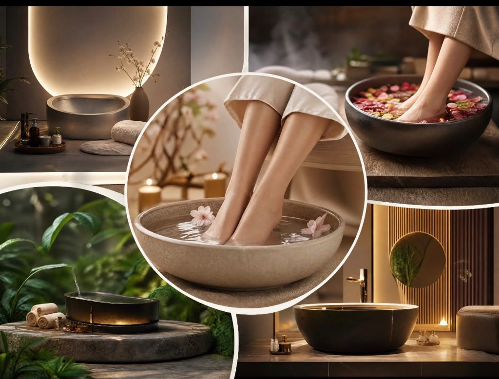 A collage of spa foot baths, with feet soaking in a stone bowl scattered with blossoms at the centre